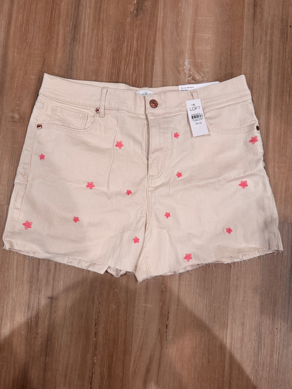 LOFT Cream Denim Shorts with Pink Star Embroidery